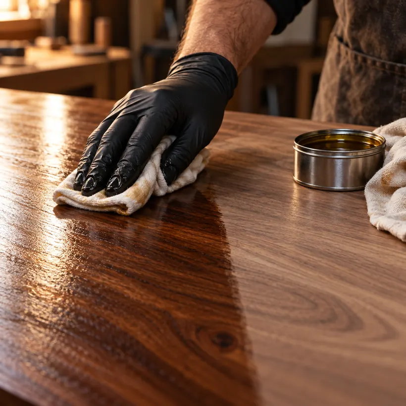 Mano con guante aplicando aceite de cera dura sobre un tablero de nogal