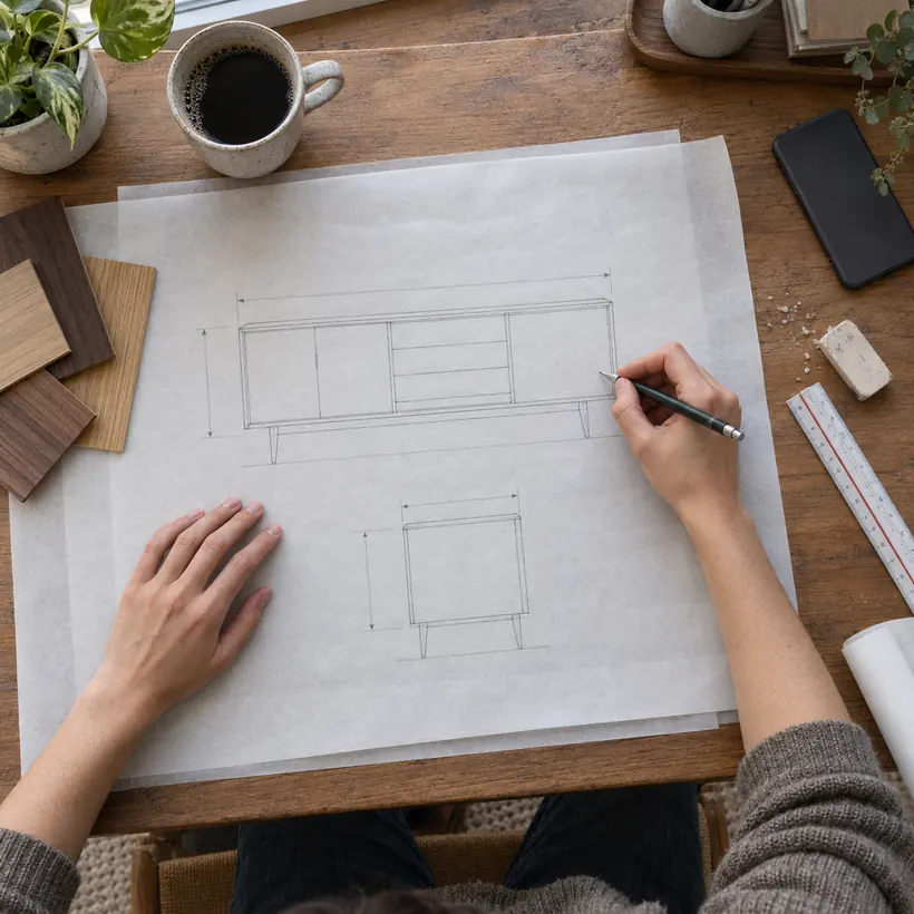 Diseñadora dibujando a lápiz el plano de un aparador sobre papel vegetal