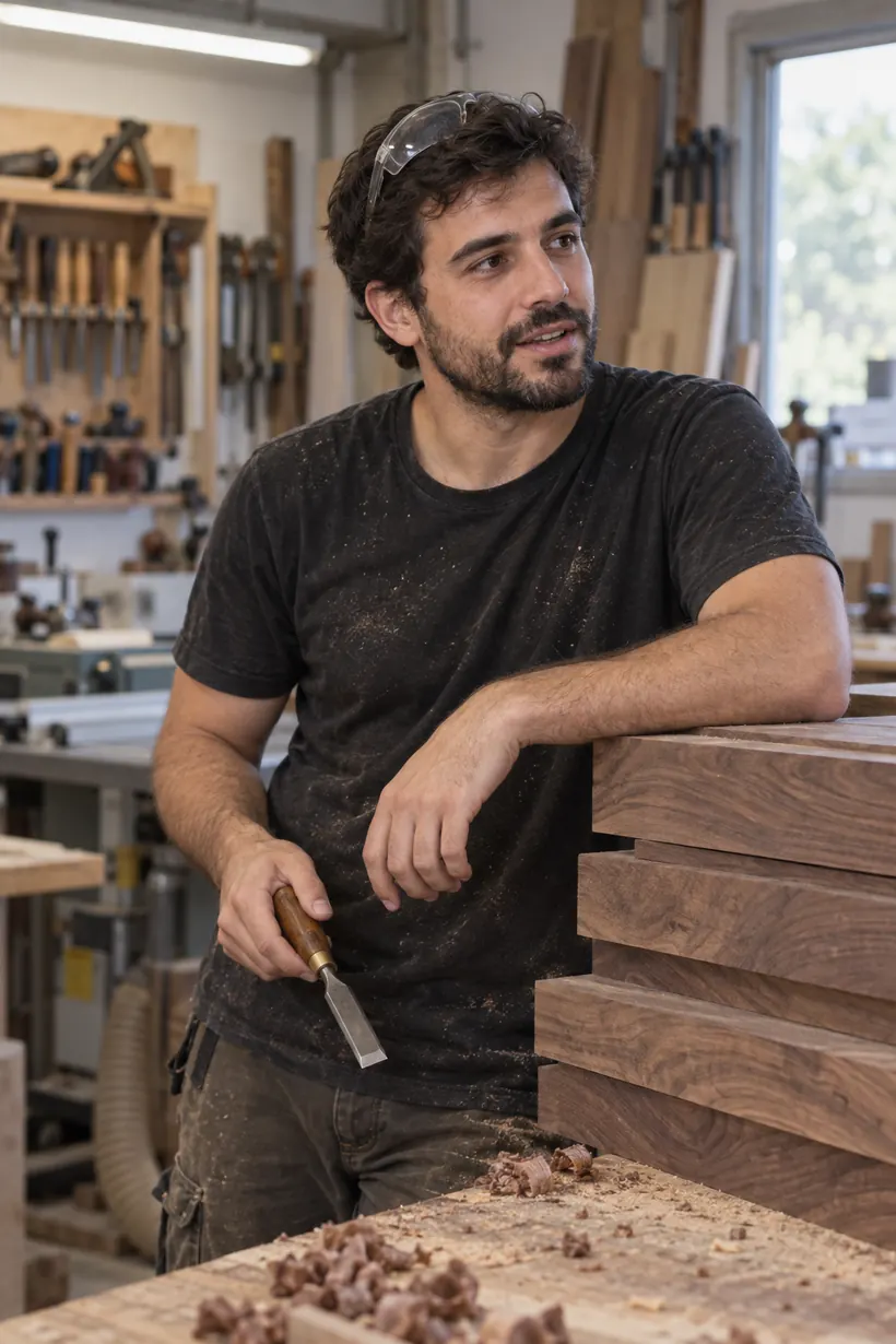 Retrato de Adrià Gómez en el taller junto a tablones de nogal
