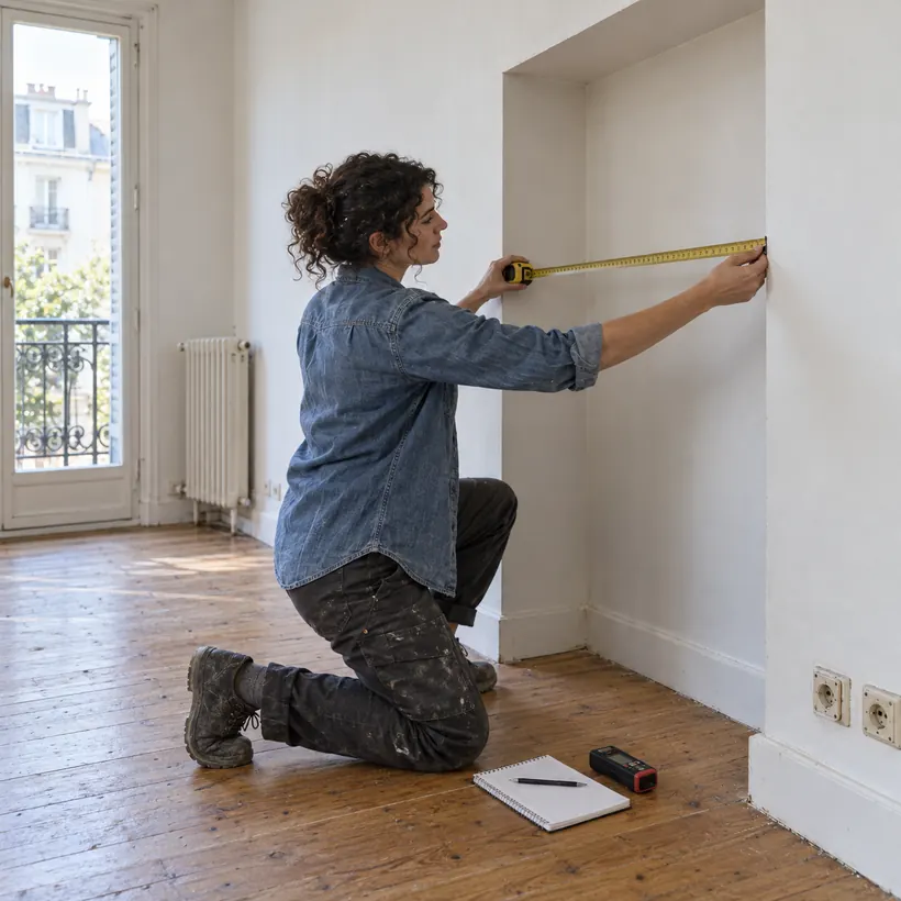 Carpintera midiendo con cinta métrica un hueco de pared en un piso vacío