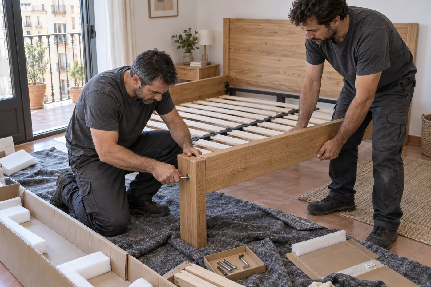 Dos montadores ensamblando una cama de roble en un dormitorio