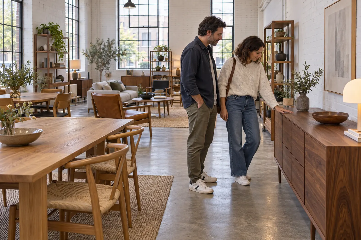 Pareja mirando un aparador de nogal en la sala de exposición